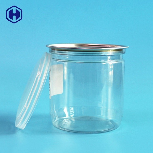 Mudah Terbuka Berakhir Kaleng Plastik Bening Jar Plastik Bulat Kedap Udara Stackable